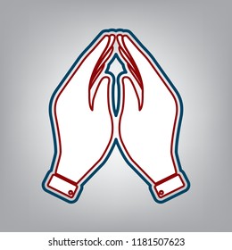 Hand icon illustration. Prayer symbol. Vector. Dark red, transparent and midnight green stroke of white icon at grayish background.