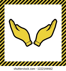 Hand icon illustration. Prayer symbol. Vector. Warm yellow icon with black contour in frame named as under construction at white background. Isolated.