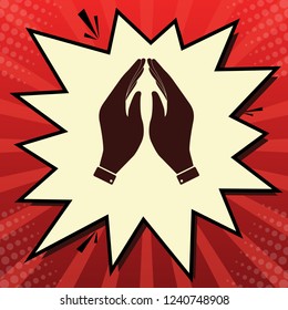 Hand icon illustration. Prayer symbol. Vector. Dark red icon in lemon chiffon shutter bubble at red popart background with rays.