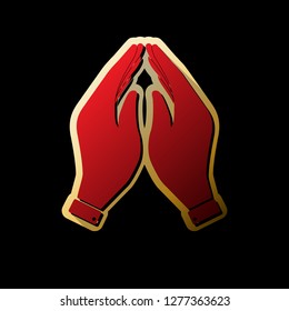 Hand icon illustration. Prayer symbol. Vector. Red icon with small black and limitless shadows at golden sticker on black background.