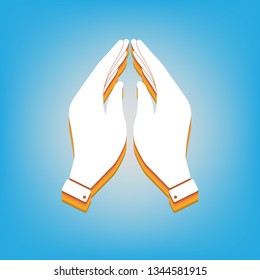 Hand icon illustration. Prayer symbol. Vector. White icon with 3d warm-colored gradient body at sky blue background.