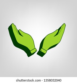 Hand icon illustration. Prayer symbol. Vector. Yellow green solid icon with dark green external body at light colored background.