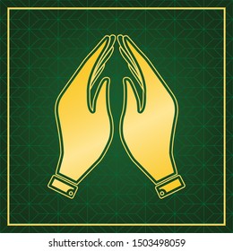 Hand icon illustration. Prayer symbol. Golden icon with gold contour at dark green gridded white background. Illustration.