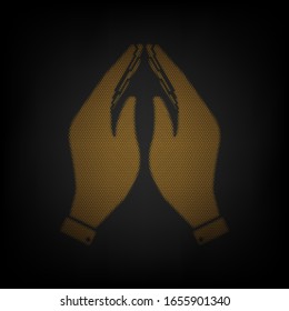 Hand icon illustration. Prayer symbol. Icon as grid of small orange light bulb in darkness. Illustration.