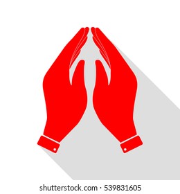 Hand icon illustration. Prayer symbol. Red icon with flat style shadow path.