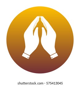 Hand icon illustration. Prayer symbol. White icon in circle with golden gradient as background. Isolated.