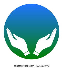 Hand icon illustration. Prayer symbol. Vector. White icon in bluish circle on white background. Isolated.