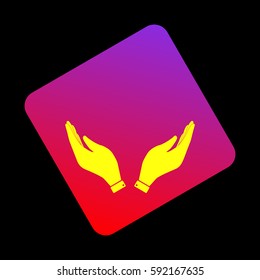 Hand icon illustration. Prayer symbol. Vector. Yellow icon at violet-red gradient square with rounded corners rotated for dynamics on black background.