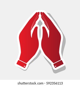 Hand icon illustration. Prayer symbol. Vector. New year reddish icon with outside stroke and gray shadow on light gray background.