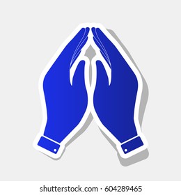 Hand icon illustration. Prayer symbol. Vector. New year bluish icon with outside stroke and gray shadow on light gray background.