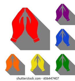 Hand icon illustration. Prayer symbol. Set of red, orange, yellow, green, blue and violet icons at white background with flat shadow.