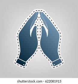 Hand icon illustration. Prayer symbol. Vector. Blue icon with outline for cutting out at gray background.