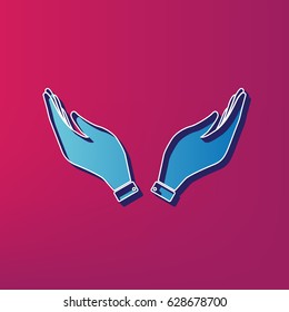 Hand icon illustration. Prayer symbol. Vector. Blue 3d printed icon on magenta background.