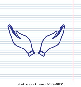 Hand icon illustration. Prayer symbol. Vector. Navy line icon on notebook paper as background with red line for field.