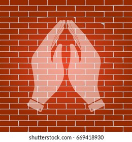 Hand icon illustration. Prayer symbol. Vector. Whitish icon on brick wall as background.