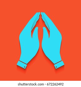 Hand icon illustration. Prayer symbol. Vector. Blue icon with soft shadow putted down on flamingo background.