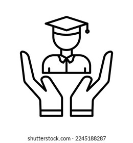 Hand icon illustration with student. Suitable for graduation icon. icon related to education. line icon style. Simple vector design editable