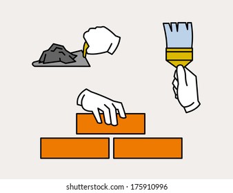 Hand icon laying brick, using spatula or trowel. painting with brush