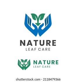 hand icon leaf care logo with plant design concept for biology, medic, herbal, spring natural logo design
