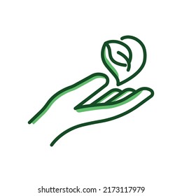 icono de mano con hoja en el corazón. Icono adecuado para la ecología. Estilo de icono de dos tonos. Diseño sencillo editable