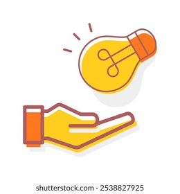 hand icon and light bulb on white background. Idea symbol. Electric lamp, light, innovation, solution, creative thinking, electricity. Simple flat vector illustration
