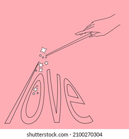 Hand icon with a magic wand and the inscription "love" on a pink background. Love and affection concept. Abstraction. Vector illustration.