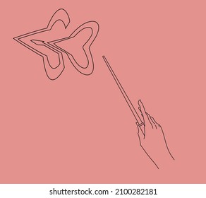 Hand icon with a magic wand on a pink background. For logos and banners. Abstraction. Vector flat illustration.