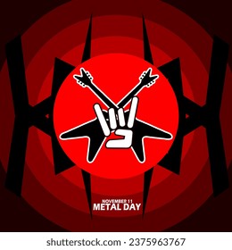 Hand icon metal style gesture and two electric guitars behind it, with bold text on circle red abstract background to celebrate 
National Metal Day on November 11