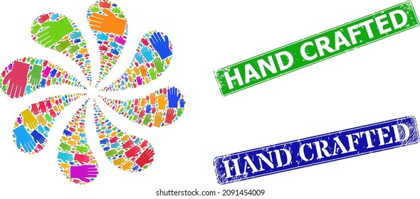 Hand icon multi colored centrifugal bang turbine fireworks composition, and grunge Hand Crafted seal. Blue Hand Crafted and green Hand Crafted rectangle grunge seal stamps.