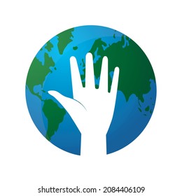 hand icon on globe. Save the planet. Environmental protection vector design. help concept.
