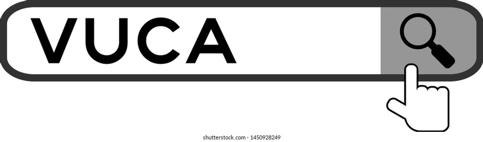 Hand icon over magnifier to find word VUCA (abbreviation of Volatility, uncertainty, complexity and ambiguity) in search banner on white background