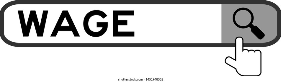 Hand icon over magnifier to find word wage in search banner on white background