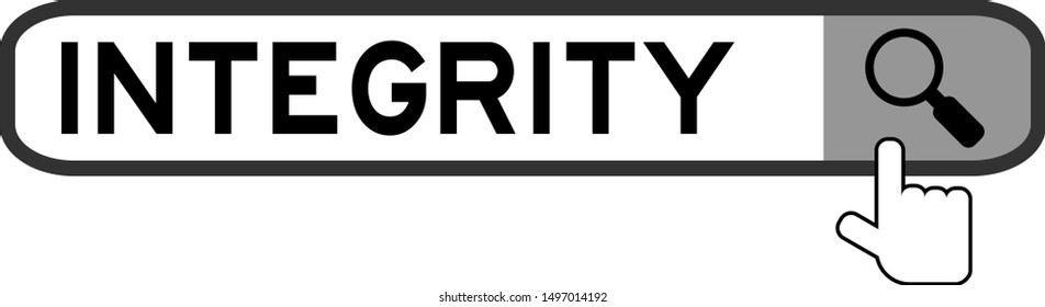 Hand icon over magnifier to find word integrity in search banner on white background