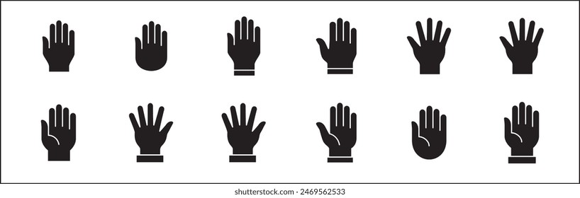 Icono de mano. Iconos de mano de palma. Símbolo de colección de manos. Icono de manos símbolo de participar, ser voluntario, parar, votar. Vector gráfico de stock, recurso de ilustración de diseño plano para UI y Botones.