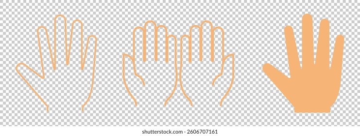 Hand icon. Palm hand icons. Hands symbol collection. Hands icon symbol of participate, volunteer, stop, vote. Vector stock graphic, flat style design. Hands Number Vector Banner. Hand gestures line. 