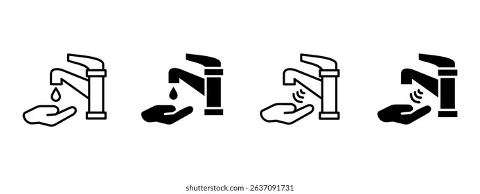 Hand icon. Palm under water stream from automatic faucet vector illustration. Touchless hygiene technology for clean handwashing symbol. Sensor-activated tap sanitation sign pictogram.