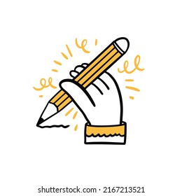 Hand icon with pencil. Hand drawn doodle cartoon style. Vector illustration.