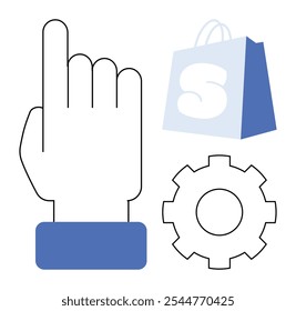 Ícone de mão apontando para cima, engrenagem azul e saco de compras azul com um S branco. Ideal para e-commerce, compras on-line, desenvolvimento da Web, design de aplicativo, marketing, serviços empresariais. Estilo Minimalista