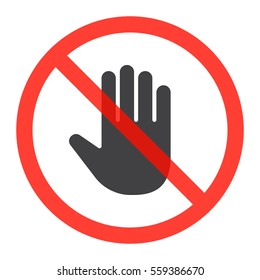 Hand icon in prohibition red circle, do not touch ban sign, forbidden symbol. Vector illustration isolated on white