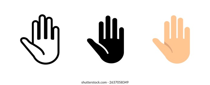Hand icon. Raised palm with spread fingers vector illustration. Gesture for stop, attention or warning symbol. Universal sign for safety, alert or interaction gesture.