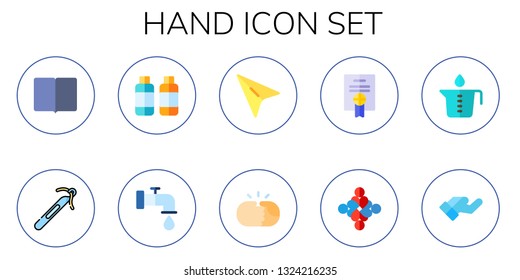 hand icon set. 10 flat hand icons.  Collection Of - reading, crochet, soaps, tap, cursor, hand shake, agreement, hug, water pot, gestures