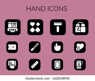 hand icon set. 12 filled hand icons. Included Atm, Coupon, Tap, Poker, Nail file, Finger, Rake, Mirror, Gloves, Charity, Selfie icons