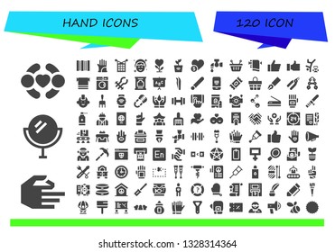 hand icon set. 120 filled hand icons.  Simple modern icons about  - Friends, Hand, Mirror, Barcode, Gloves, Knit, Makeup, Plant, Charity, Tap, Basket, Towel, Thumb up, Hip hop