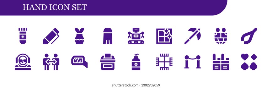 hand icon set. 18 filled hand icons.  Simple modern icons about  - Blood test, Pen, Plant, Salt, Robot, Clean window, Pick, Friends, Tweezers, DJ, Cooperation, Mirror, Vote, Soap