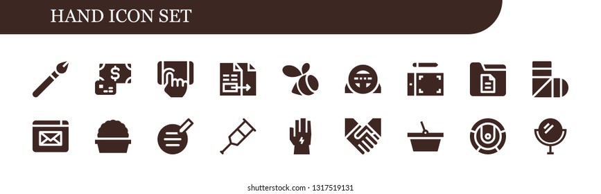 hand icon set. 18 filled hand icons.  Simple modern icons about  - Makeup, Payment, Tap, Document, Swarm, Steering wheel, Graphic tablet, Sling, Website, Plant, Writer, Crutch