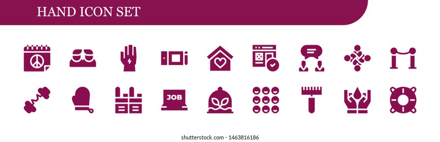 hand icon set. 18 filled hand icons.  Collection Of - Peace, Friends, Glove, Graphic tablet, Insurance, Web, Agreement, Hug, Line, Barbell, Gloves, Walkie talkie, Job search, Plant