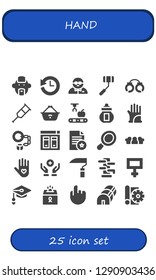  hand icon set. 25 filled hand icons. Simple modern icons about  - Punk, History, Bodyguard, Selfie stick, Handcuffs, Crutch, Shopping basket, Mechanical arm, Ossuary, Gloves