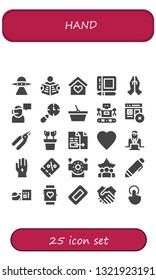 hand icon set. 25 filled hand icons.  Simple modern icons about  - Aliens, Read, Insurance, Graphic tablet, Prayer, Support, Clocks, Basket, Robot, Web, Pliers, Plant, Document