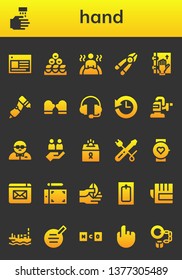hand icon set. 26 filled hand icons.  Simple modern icons about  - Web, WASHING HANDS, Friends, Bath, Plier, Oath, Drill, Mitten, Support, History, Polisher, Bodyguard, Teamwork