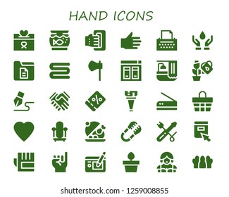  hand icon set. 30 filled hand icons. Simple modern icons about  - Donation, Aquarium, Handheld, Hand, Copywriter, Blood donation, Document, Towel, Axe, Website, Bath, Plant, Signature